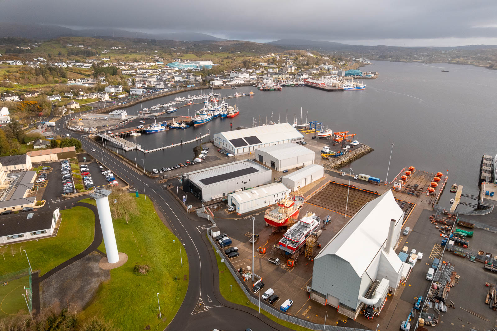 Mooney Boats yard with boat hoist and vessel lifting operations in Killybegs