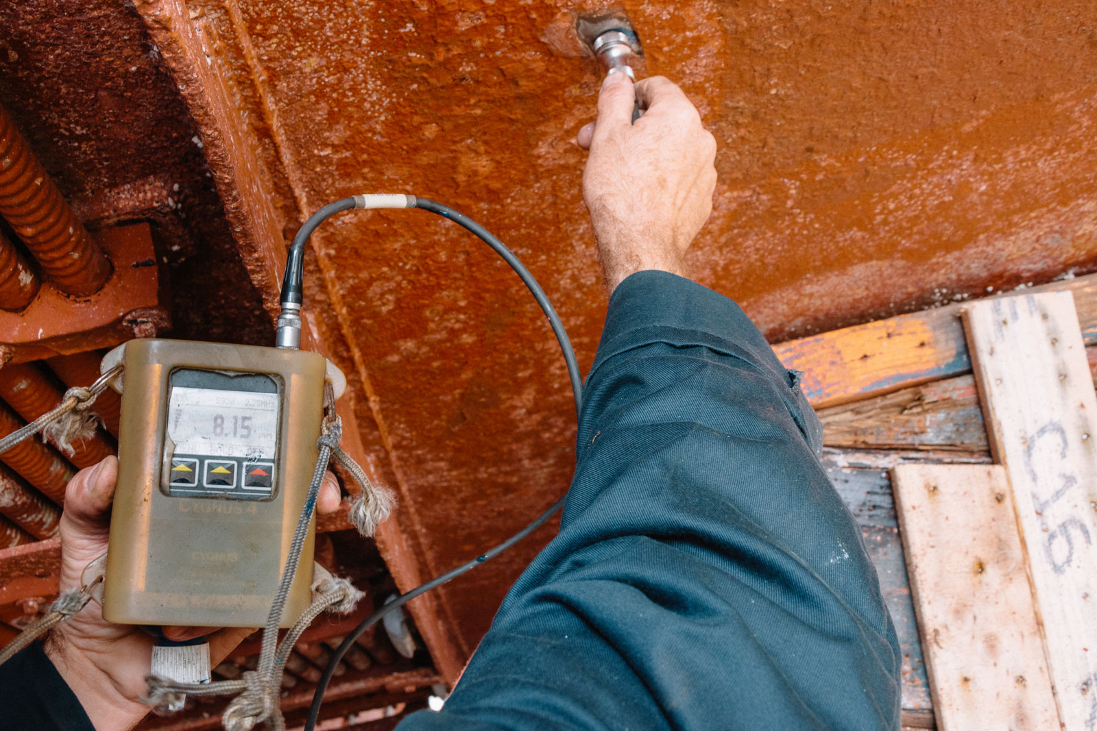 Ultrasonic hull inspection being carried out on a vessel
